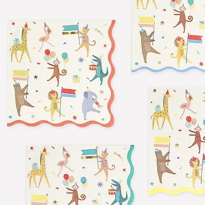 ANIMAL PARADE LARGE NAPKINS PACK OF 16 WITH GOLD FOIL 3-PLY FSC-CERTIFIED PAPER SCALLOPED EDGES COLORFUL BORDERS FOR BABY SHOWER BIRTHDAY KIDS PARTY TABLE DCOR - Image 1